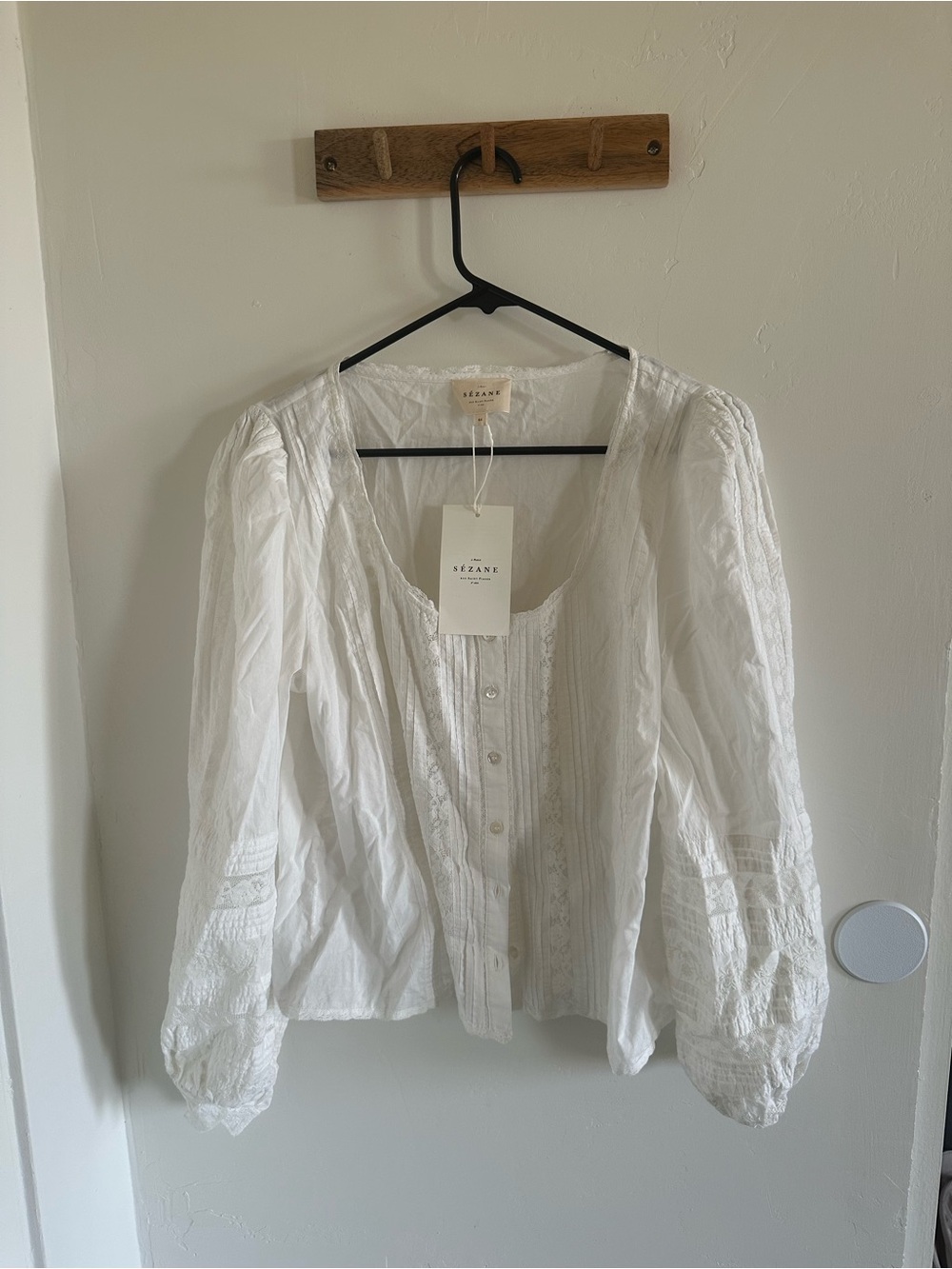 Sézane White Cotton Lace-Trim Button Blouse